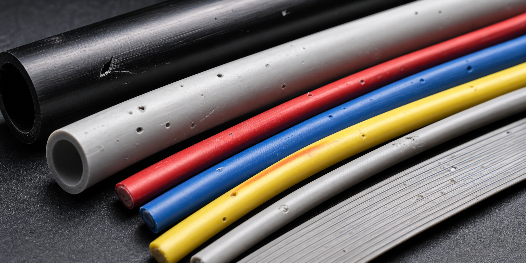 Kabel, Kunststoffrohre und Flachbandleitung mit sichtbaren Oberflächenfehlern