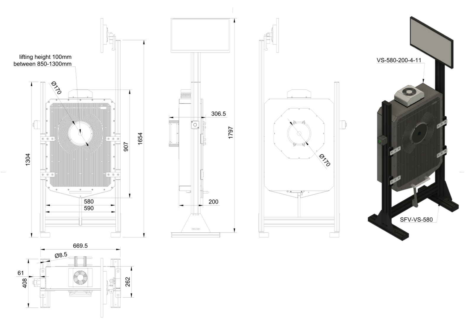 Technische Zeichnung VS-580-200-V2 auf Standfuß SFV-VS-580